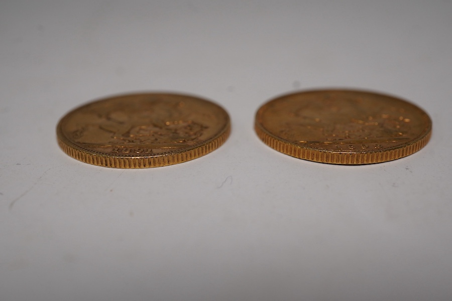 British gold coins, Victoria, two gold sovereigns, jubilee head, 1891, VF and 1892, near VF